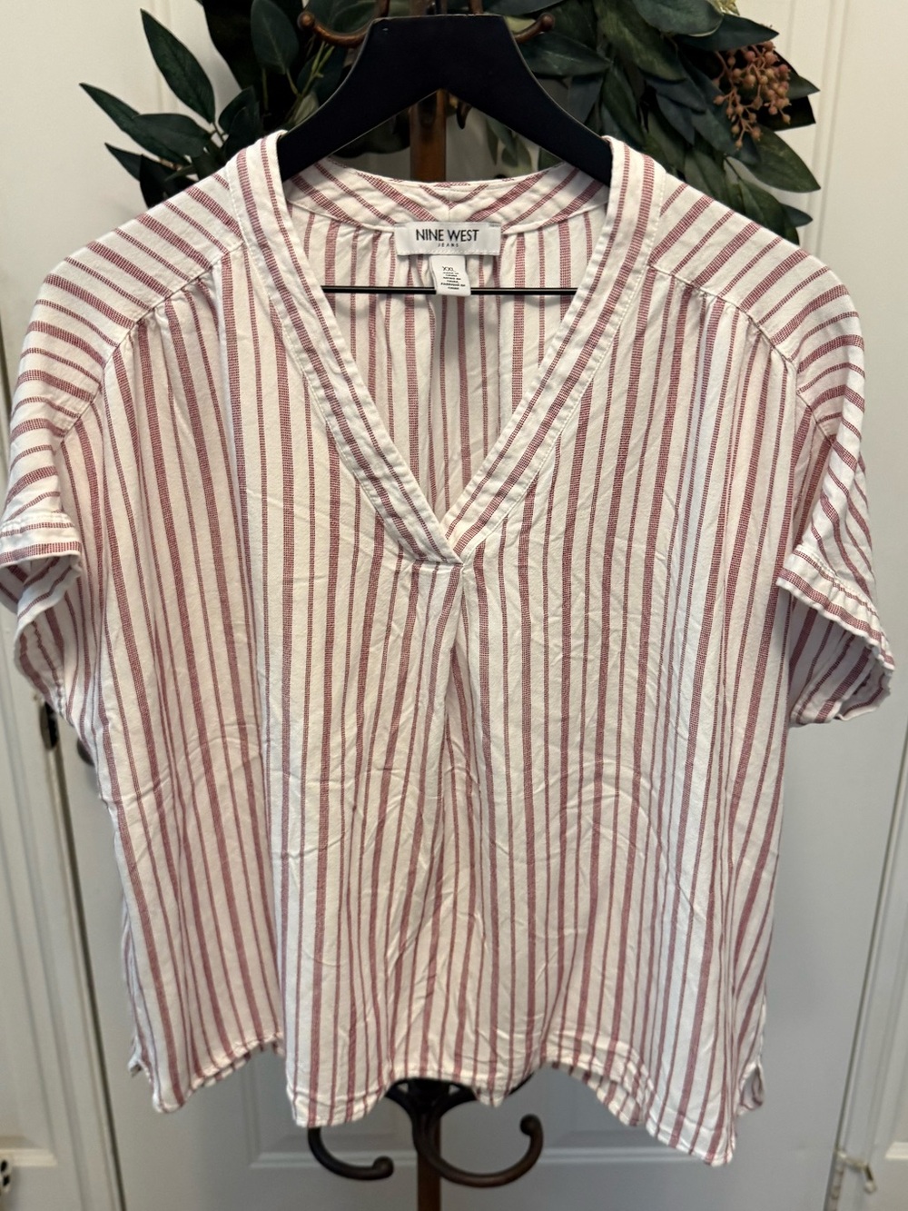 Nine West Red & White Vertical Stripes Boxy Fit Shirt SS XXL